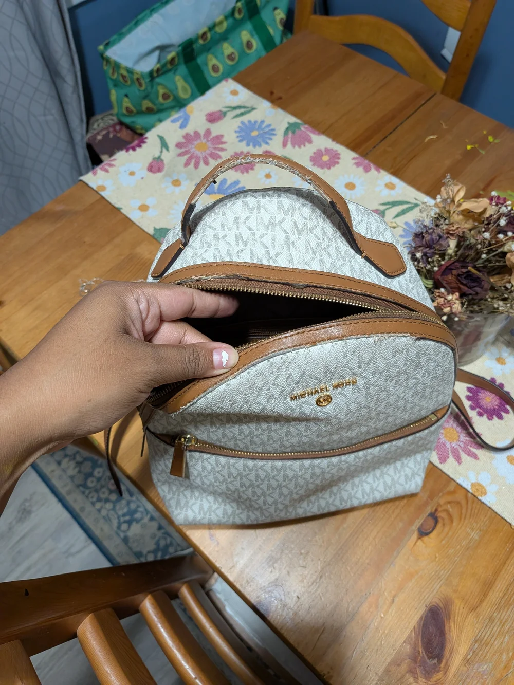 Michael Kors Cream Logo Mini Backpack with Tan Leather Trim